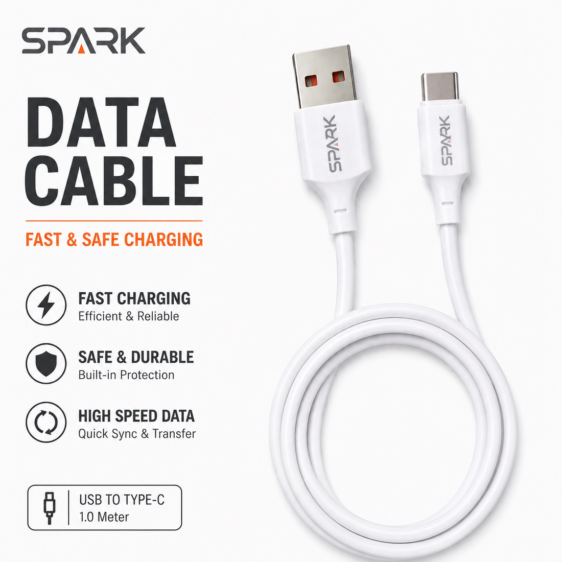SPARK Type-C Fast Charging Data Cable – 1 Meter | USB-A to USB-C | Durable & High-Speed